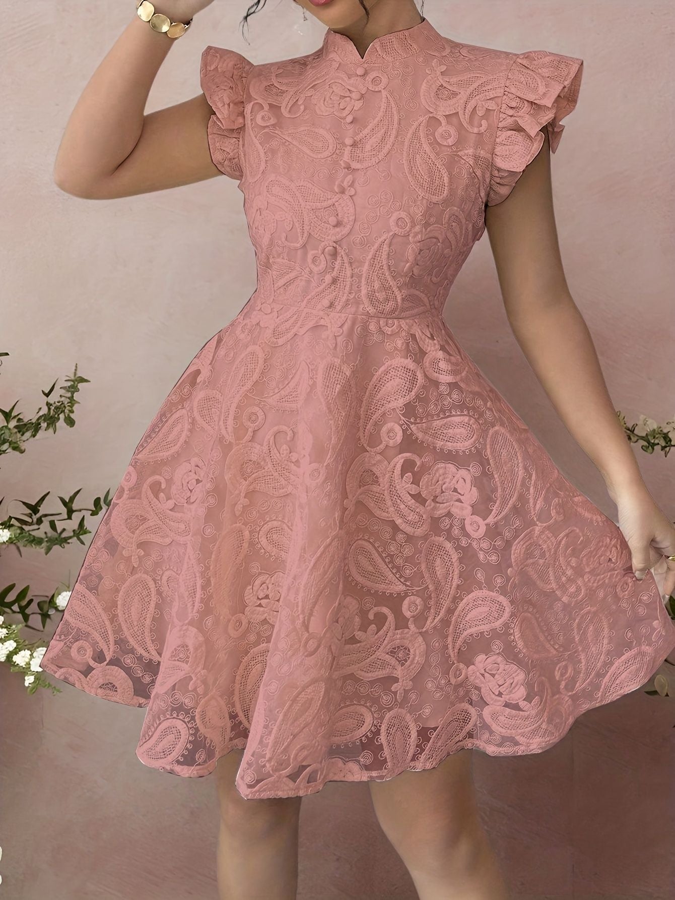 Lace Stand-collar Mini-sleeve Dress For Women