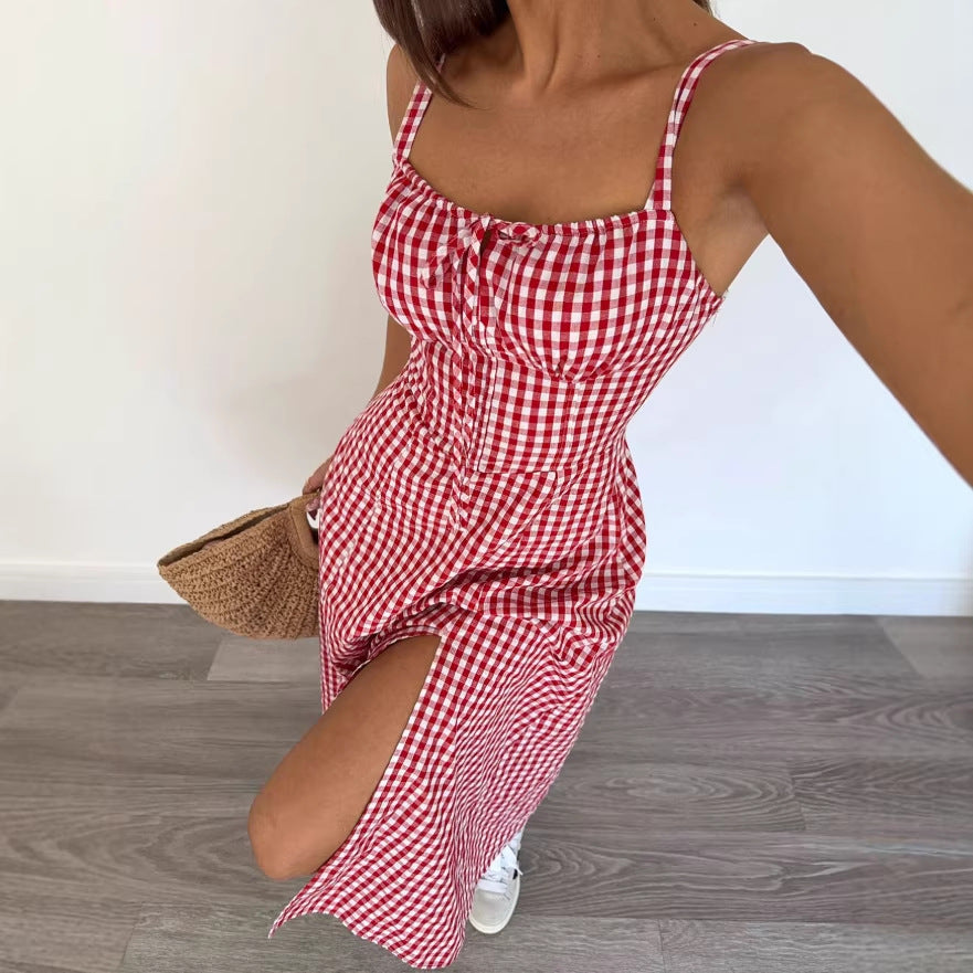 Summer Plaid Sleeveless Strap Dress - Women's Lightweight Casual Mini Dress with V-Neck and A-Line Silhouette