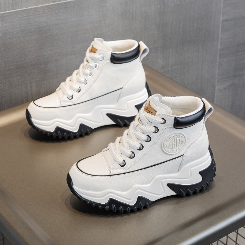 Air-perforated Wedge-heel Height-increasing High-top Casual White Sneakers