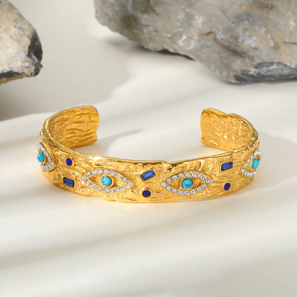 Stainless Steel Zircon Turquoise Eye Open Bracelet In Gold Color