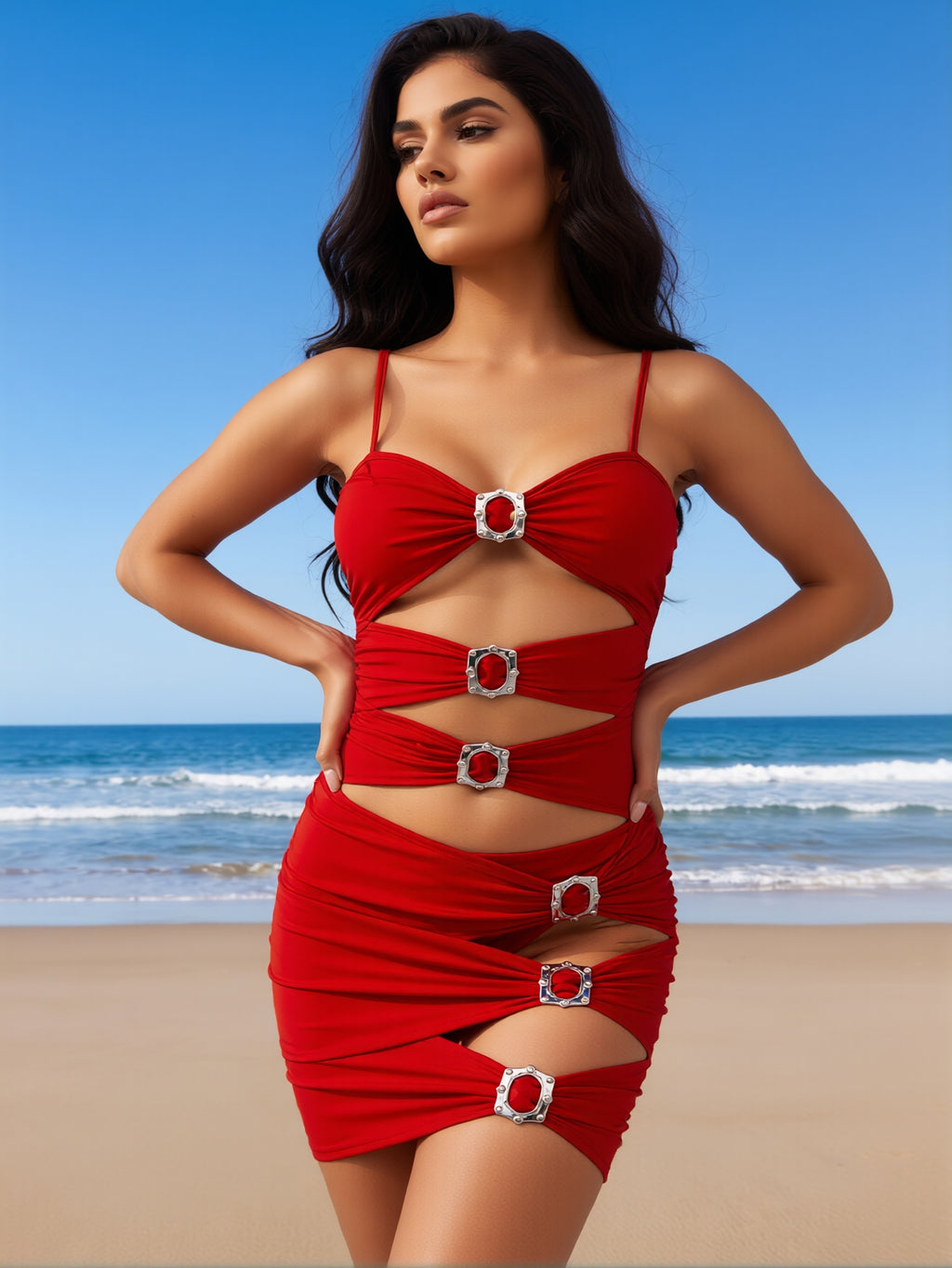 Red Rhinestone Cutout One Piece Swimsuit, Thin Spaghetti Strap Hollow Out Bodycon Mini Swim Dress For Beach Club