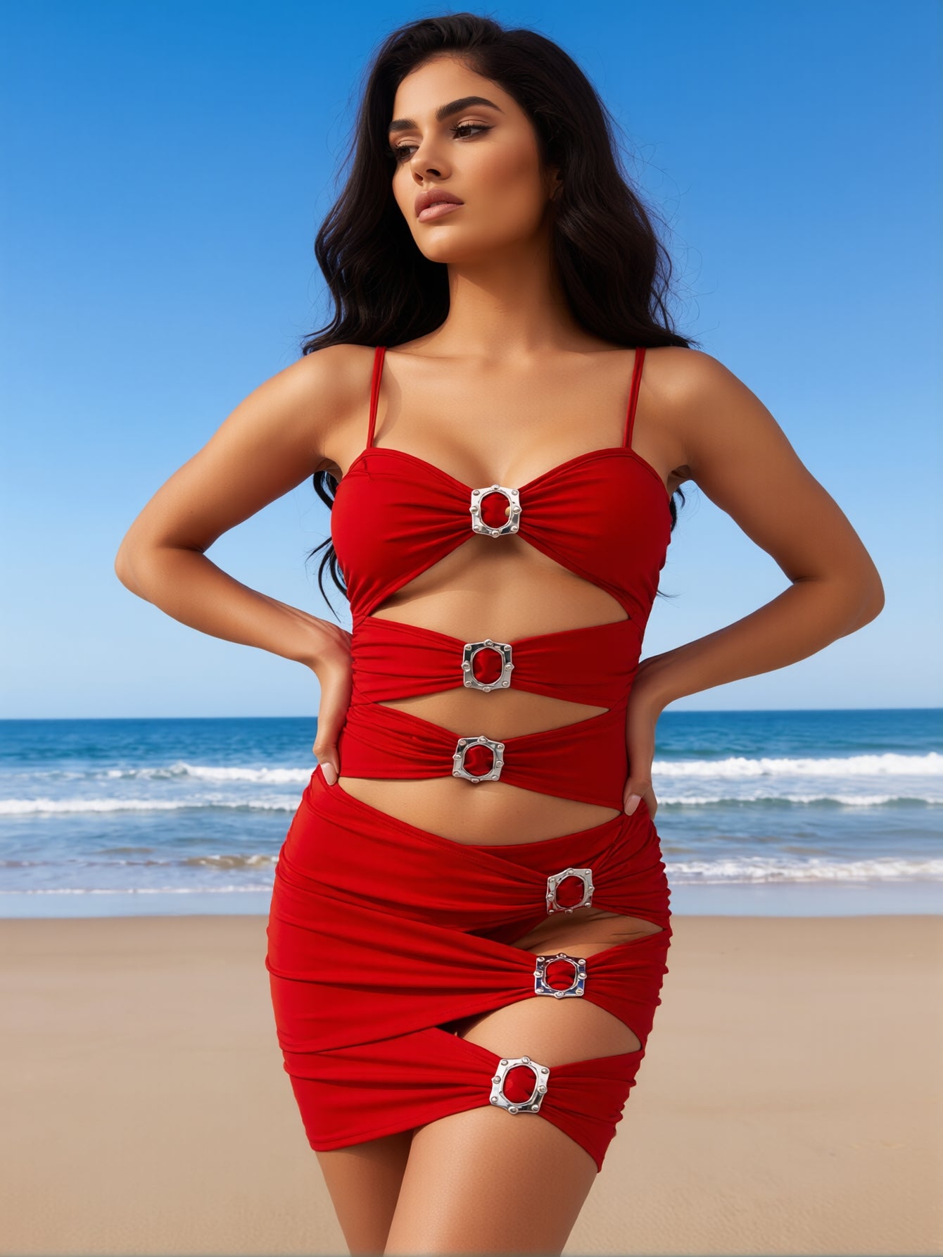 Red Rhinestone Cutout One Piece Swimsuit, Thin Spaghetti Strap Hollow Out Bodycon Mini Swim Dress For Beach Club