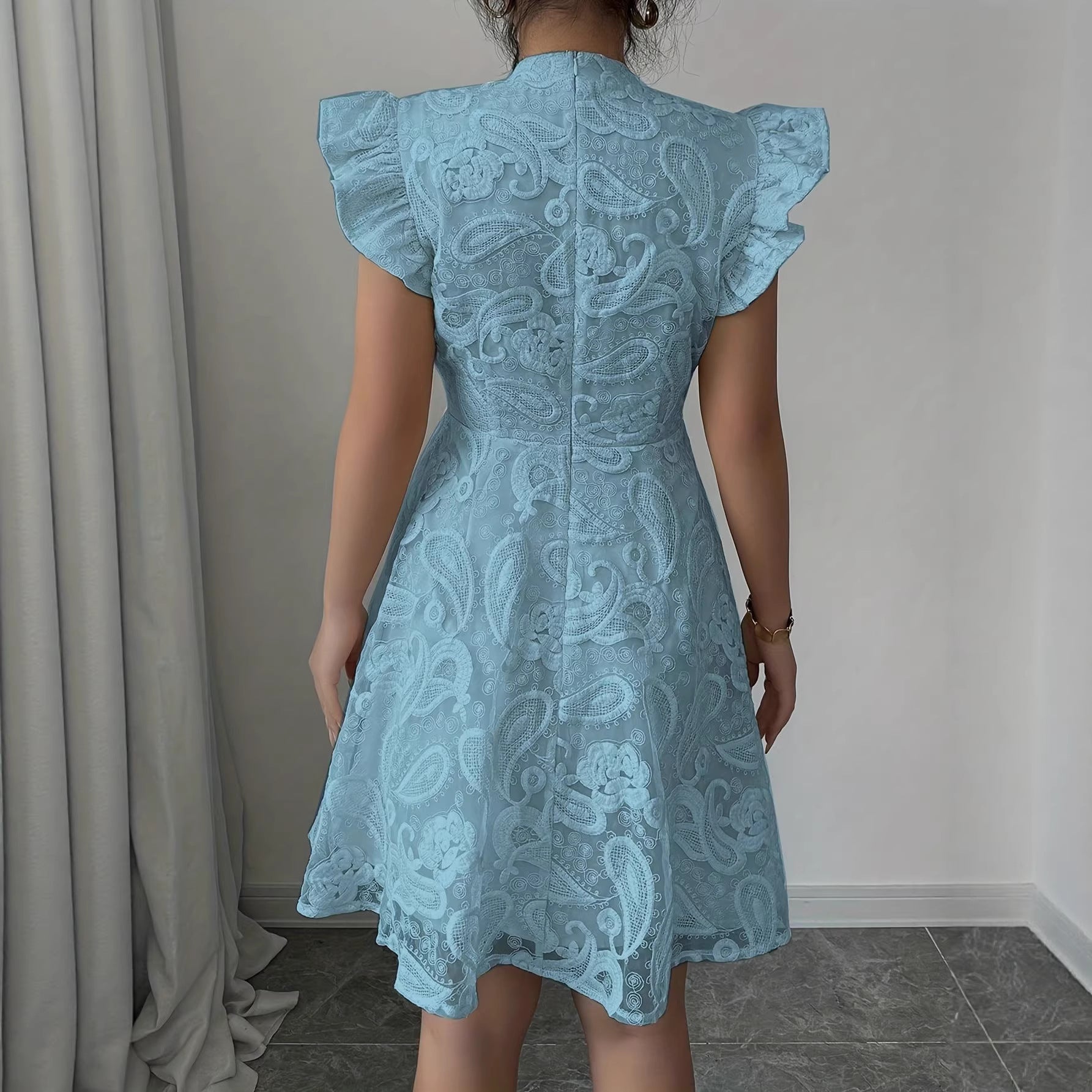 Lace Stand-collar Mini-sleeve Dress For Women