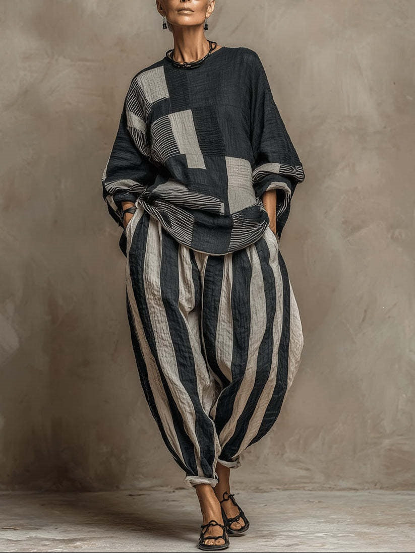 Loose-fit Cotton-linen Striped Set In European And American Style
