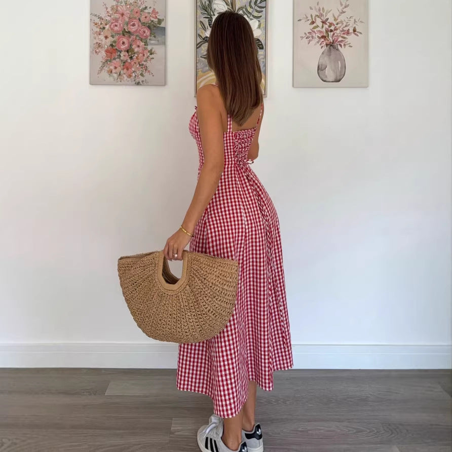 Summer Plaid Sleeveless Strap Dress - Women's Lightweight Casual Mini Dress with V-Neck and A-Line Silhouette
