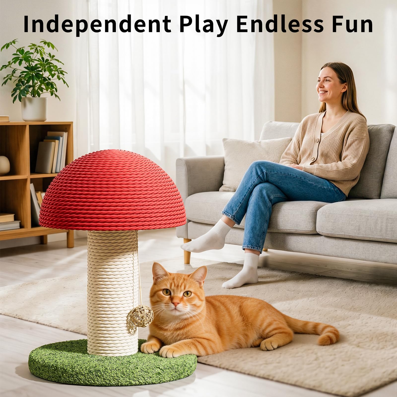 Mushroom Cat Scratching Post 11inch  For Kitten & Small Cats, Mini Cat Tree Stable Base, Natural Sisal Scratcher With Hanging Ball, Space Saving Indoor Cat Toy For Small Spaces And Apartments