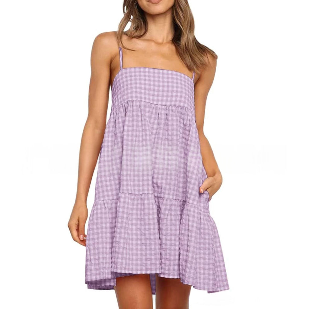 Casual Mini Dress With Shoulder Strap Ruffles And Side Pockets