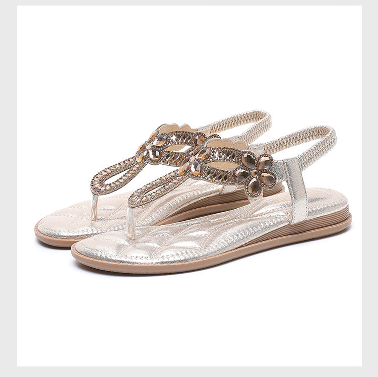 Summer New Arrival Bohemian Floral Rhinestone Flip-Flops In Plus Sizes For Women