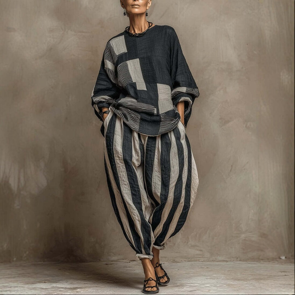 Loose-fit Cotton-linen Striped Set In European And American Style