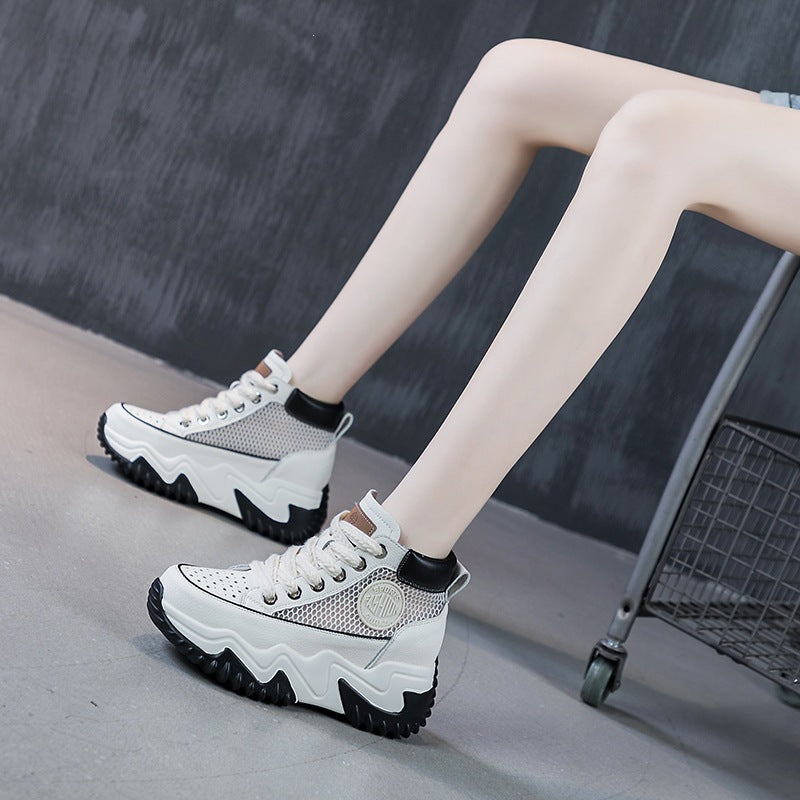 Air-perforated Wedge-heel Height-increasing High-top Casual White Sneakers