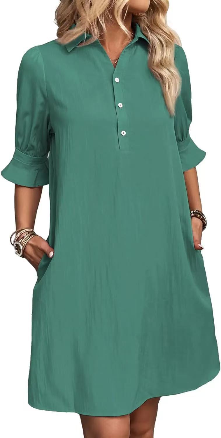 Collared Half Button Puff Sleeve Loose A-Line Cotton Mini Dress